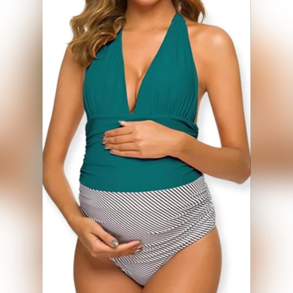 NWT. Ziola Teal and Striped Monokini Halter Neck Maternity Swimsuit - Large